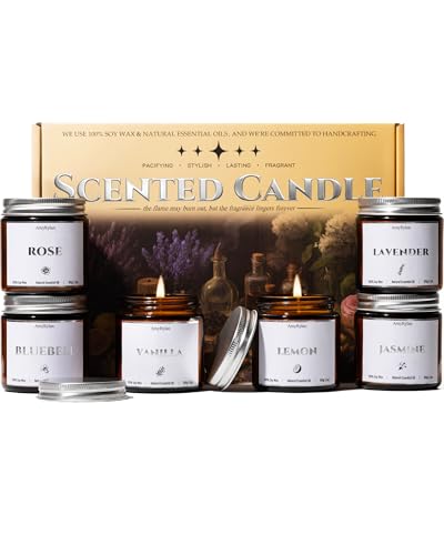 AmyRylan 6 Pack Non-Toxic Soy Wax Scented Candles Gift Set, 21oz 120H Long Burn Time, Amber Jar Candles, Gift for Women Un...