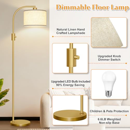 Nintiue Upgraded Modern Arc Dimmable Tall Standing Floor Lamp with Linen Shade, 1200 Lumens LED Bulb Included, for Living...