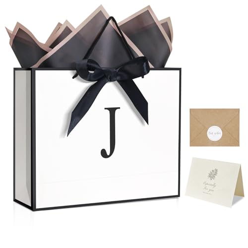QLSKO Monogrammed Gift Wrap Bag Personalized Initial Paper Bag with Card Matching Envelope Sticker,Bow Ribbon and Wrapping...