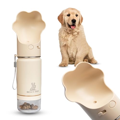 Dog Portable Water Bottle Stainless Steel 10 oz with Food Container - Pet Water Bottle - Cream Portable Dog Water Dispense...