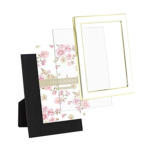 Laura Ashley 4x6 White Enamel Picture Frame, Gold Metal Edge with Easel, for Countertop, Counterspace, Tabletop Display, B...