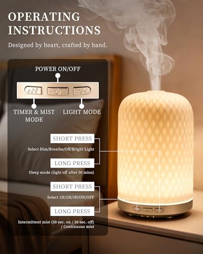 Essential Oil Diffuser - 2.4MHz Ultrasonic Ceramic Diffuser with Pulse/Continuous Mist & Night Light, Waterless Auto-Off, ...