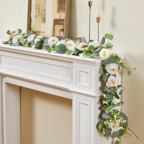 Aoztio 2 Pack 6Ft Artificial Eucalyptus Flower Garland with White Roses, Faux Floral Greenery Garland Fake Flower Vines fo...