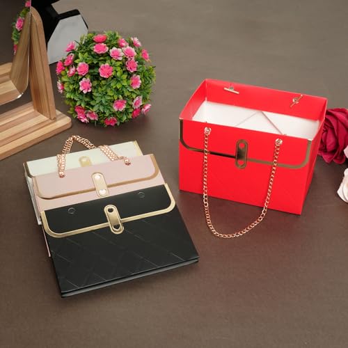 4 Pack Flower Paper Gift Bags Portable Bouquet Storage Bucket Paper Flower Handbag Boxes with Metal Chain Bouquet Carrier ...