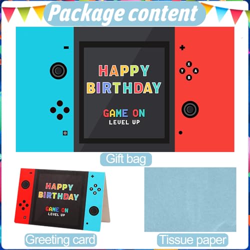 JOARHONAL Video Game Birthday Gift Bag - 13" Large Happy Birthday Gift Bag with Tissue Paper and Card for Boys Kids Video ...