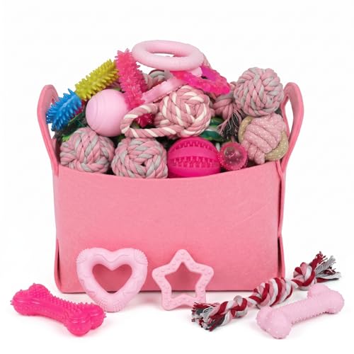 PawsAion Puppy Toys Set - 20 Pack Pink Dog Chew Toys for Teething Small Breeds - Tough Rope Toys for Puppies, Cute Soft Ru...