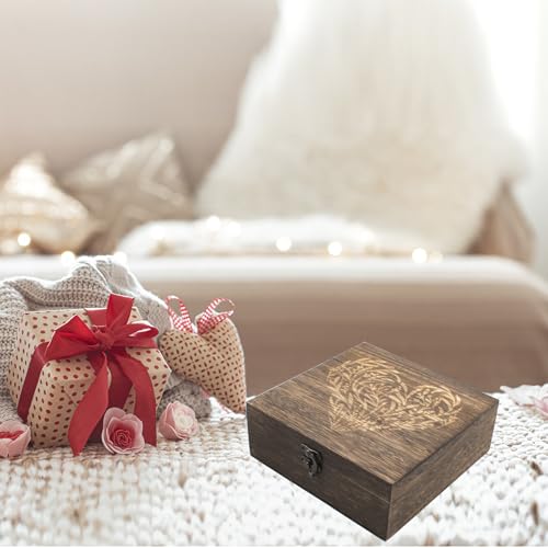 Hiyoo Wooden Memory Keepsake Box with Lid, Floral Heart Engraved Keepsake Box Decorative Storage Case For Photos Letter Ti...