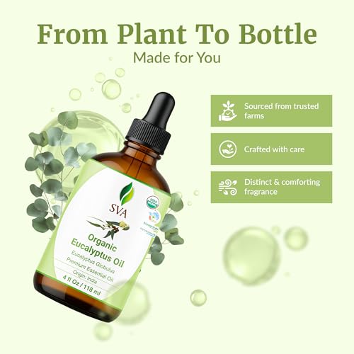 SVA Eucalyptus Essential Oil Organic – 4 Fl Oz – 100% Natural Organic Eucalyptus Oil - for Diffuser, Hair, Face, Skin Car...