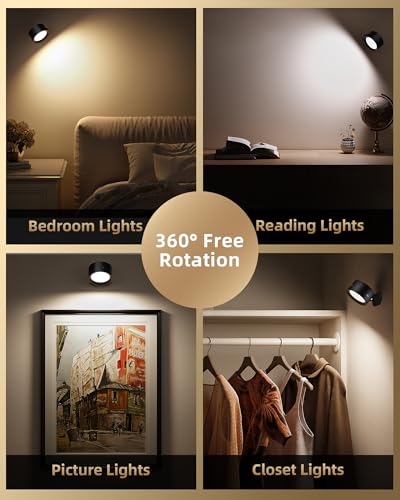 AMETHEUS LED Wall Mounted Lights, Rechargeable Wall Sconces Lamp, 3 Color Temps & Remote and Touch, 360°Rotation Dimmable ...