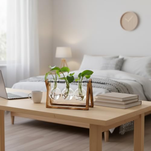 XXXFLOWER Plant Terrarium with Wooden Stand, Air Planter Bulb Glass Vase Metal Swivel Holder Retro Tabletop for Hydroponic...