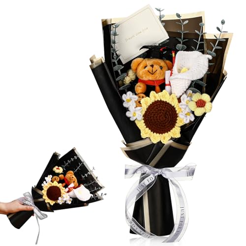 HyDren Graduation Bear Bouquet Handmade Crochet Flower Bouquet Artificial Sunflower Calla Lily Daisy Graduation Flowers Gr...