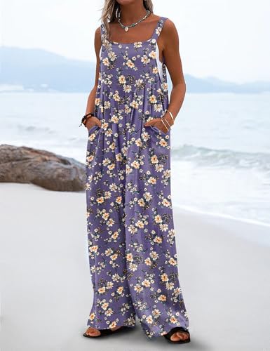 YESNO Women's Summer Casual Overalls Loose Wide Leg Jumpsuits Boho Floral Printed Baggy Rompers with Pockets PZH