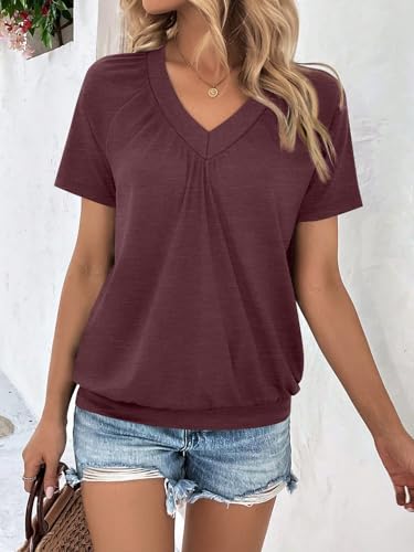AUTOMET Womens Tops Short Sleeve V Neck T Shirts 2026 Summer Spring Beach Vacation Clothes Casual Loose Ruched Top
