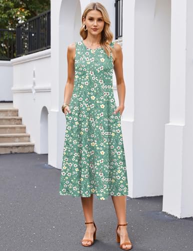 HOTOUCH Summer Casual Dresses for Women Sleeveless Midi Dress Swing Tank Sundress Pleated Tshirt Dress with Pockets