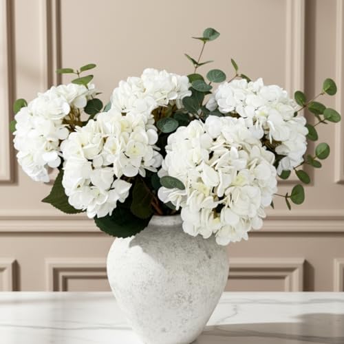 Real Touch White Faux Hydrangea And Eucalyptus Arrangement, Faux Floral Arrangements, Hyper Realistic Artificial Flowers, ...