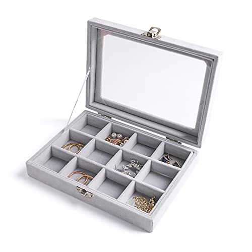 Frebeauty Jewelry Organizer Tray with Clear Lid, 12 Grid Velvet Drawer Insert Storage Box with Transparent Lid Display Cas...