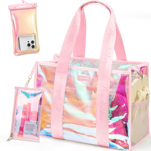 Bagstellar Iridescent Beach Tote Bags for Women, Large Zipper Beach Pool Swim Bag with Makeup Bag & Waterproof Phone Pouch...