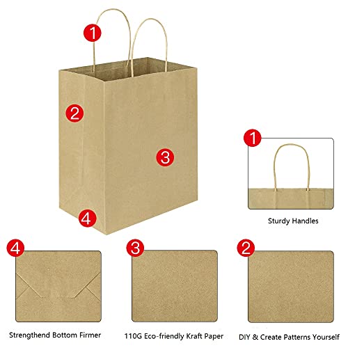 Oikss 100 Pack 8x4.75x10 Inch Medium Brown Kraft Paper Bags with Handles Bulk for Wedding Birthday Party Favors Grocery Re...