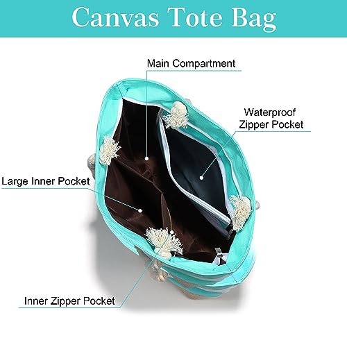 YOOLIFE Initial Canvas Waterproof Beach Tote Bag Zipper Personalized Gifts for Women Her Birthday Travel Beach Essential