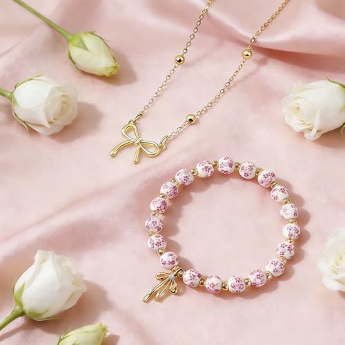 AUSGER Flower Beads Bow Charm Bracelet Necklace Set for Women, 14K Gold Beaded Gold Bow Bracelet Handmade Stretch Dainty R...