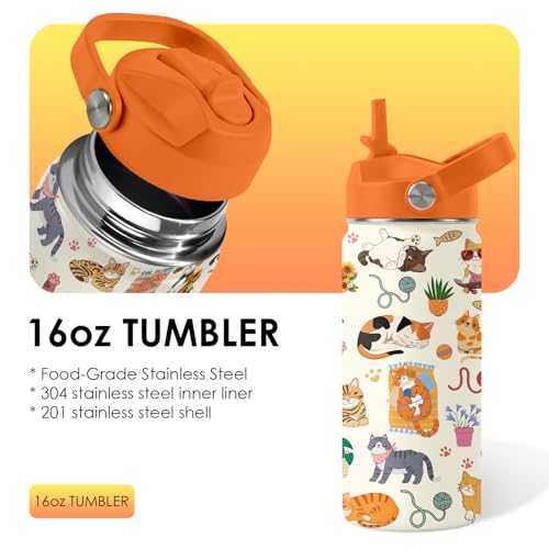 Cat Gifts for Kids - 16 Oz Orange Cat Water Bottle with Straw Lid, Stainless Steel Insulated Tumbler, Leak Proof, for Boys...