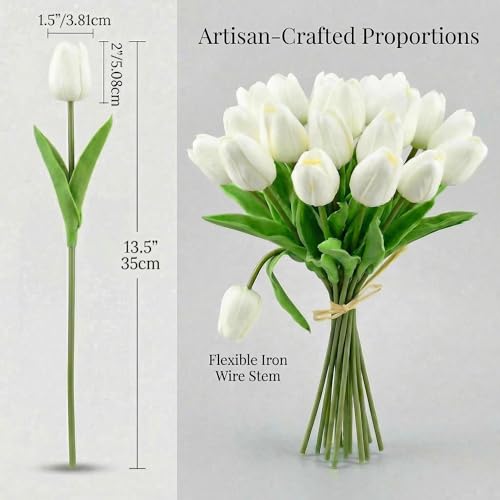 Mandy's White Artificial Tulips Flowers Centerpiece, 13.5" Lifelike PU Fake Floral Stems 20pcs for Kitchen Island & Dining...