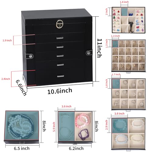 BOOVO Jewelry Box For women, 6 Layer Large Jewelry Organizer With Mirror, Multi-Function Storage Box With Lock, Accessory ...