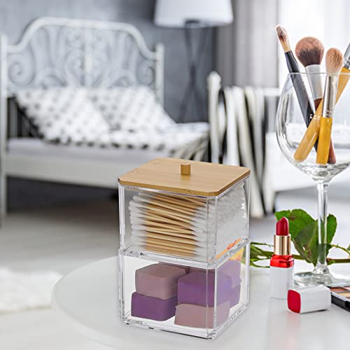 Hipiwe Clear Q-tip Dispenser Holder Acrylic Bathroom Containers 2-Tier Square Apothecary Jar with Lid Canister Cotton Swab...
