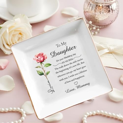 huglift To My Daughter on Your Wedding Day Personalized Ceramic Jewelry Tray, Daughter Floral Jewelry Dish from Mom, Custo...