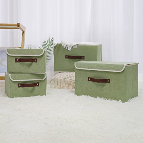 ANMINY Storage Bin with Lid Storage Boxes with PU Leather Handles PP Plastic Board Decorative Foldable Lidded Cotton Linen...