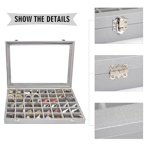 Siveit Jewelry Tray Organizer Box 48 Grid Jewelry Display Organizer Box with Transparent Lid Rings Earrings Necklaces Pend...