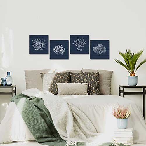 HOMEOART Coral Canvas Wall Art Prints Ocean Navy Blue Coastal Artwork Beach Home Decor Picture Framed Ready to Hang 12"x1...