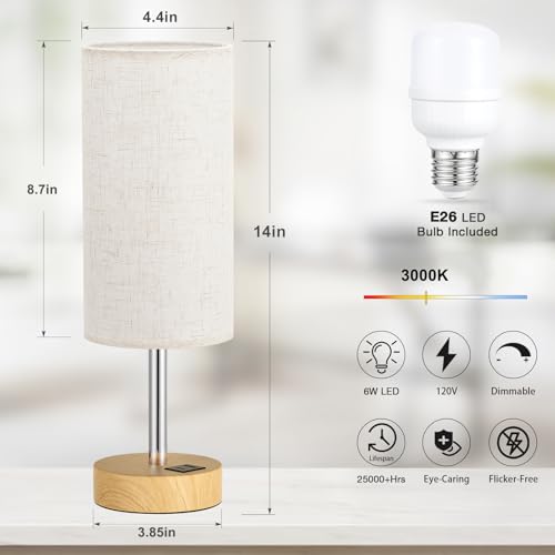 Dicoool Touch Bedside Table Lamp with USB - 3 Way Dimmable Wood Lamp for Bedroom Nightstand, Desk Lamp with Charging Stati...