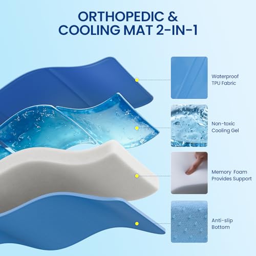 InVarme Orthopedic Dog Cooling Mat 36" x 20": Extra-Thick Self-Cooling with Removable Memory Foam & Non-Slip Bottom – Non-...