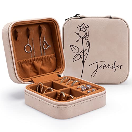 Custom Leather Customized Jewelry Organizer Box w/Name & Birth Flower Month - Birthday Gifts for Women, Mom Personalized J...