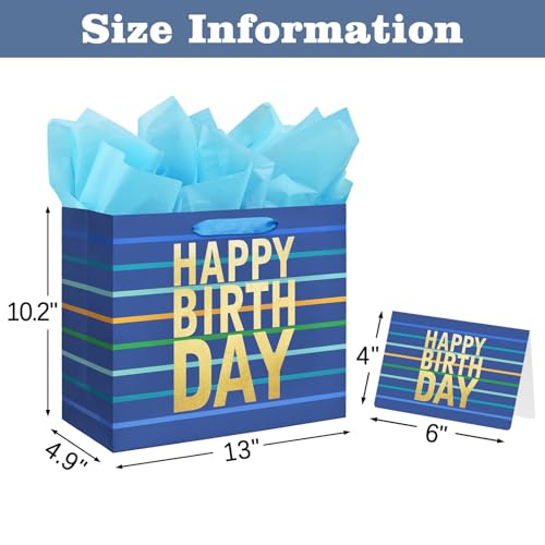 13" Large Blue Gift Bag with Tissue Paper, Card and Handles for Men's Birthday, Kids' or Baby Boy (Stripe) (Large Blue)