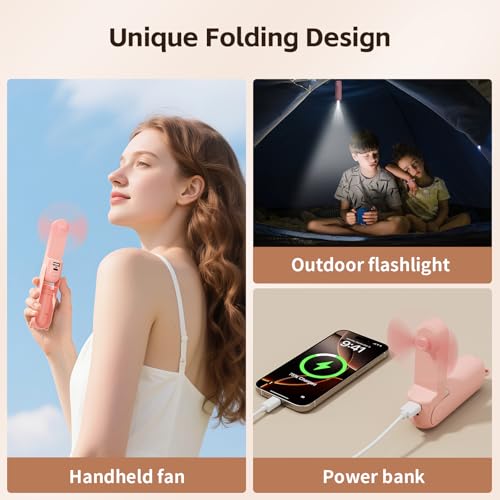 VigorLife Mini Handheld Fan,USB Rechargeable 3 IN 1 Personal Cooler Fans with Power Bank,LED Flashlight,Small Foldable Poc...