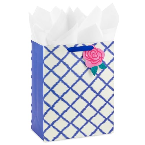 Hallmark 13" Large Gift Bag with Tissue Paper and Gift Tag (Pink Flower on Blue Plaid) for Valentine's Day, Mother's Day, ...