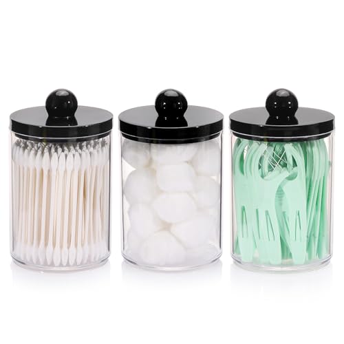 Tbestmax 10oz Qtips Holder - Bathroom Organizers and Storage Containers Plastic Apothecary Jar with Black Lids for Cotton ...