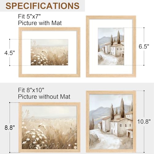 Vittanly 8x10 Picture Frame Set of 2, Solid Wood Frame for Wall or Tabletop, Display Photo 5x7 with Mat or 8x10 without Ma...