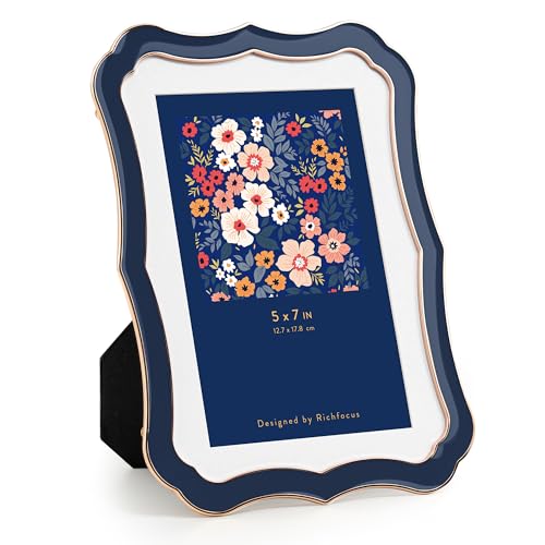 5x7 Enamel Picture Frame with HD-Tempered Glass, Display 4x6 Photo with Mat, Ornate Photo Frame with Metal Edge & Velvet B...