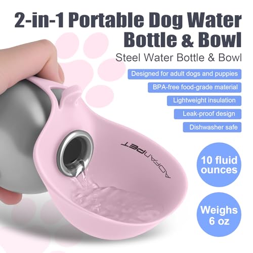 AOFANPET Portable Dog Water Bottle 10oz Stainless Steel Travel Dog Water Dispenser with Bowl No-Spill Puppy Water Bottle f...
