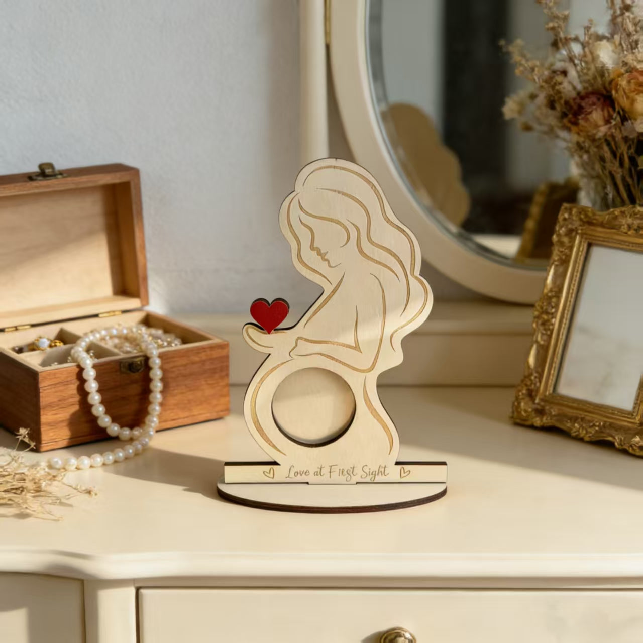 Laser Engraved Pregnant Woman Silhouette Wooden Picture Frame Expecting Mom Baby Shower Gift