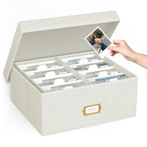 Decorative Photo Storage Box - Linen Photo Box Organizer with Dividers, Fits Holds Up to 1700 Pictures and 4x6 Photos, Mem...