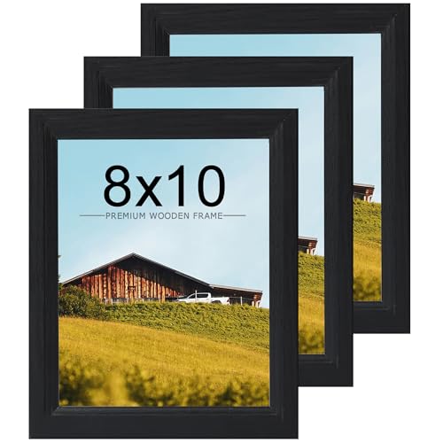 KTKDE 8x10 Picture Frame Set of 3, Wooden frames black, Vertical & Horizontal Wall Hanging for Wall or Tapletop Display,St...
