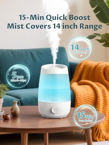 BREEZOME 2.5L Top Fill Humidifiers for Bedroom, 250ml/h Mist Output, 25hrs Humidifiers for Home, 7 Adjustable LED, Essenti...