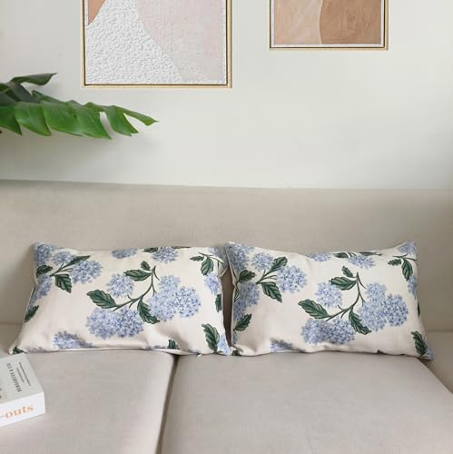 Btyrle Blue Hydrangea Flower Throw Pillow Covers 12x20 Inch Set of 2 Decorative Farmhouse Cotton Linen Floral Pillowcases ...