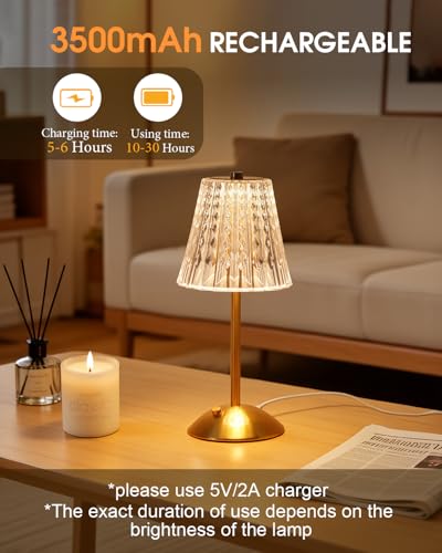 Nusogon Rechargeable Cordless Table Lamp, Touch Control Crystal Desk Lamp with 3500mAh Battery, 3 Color Dimmable LED Small...