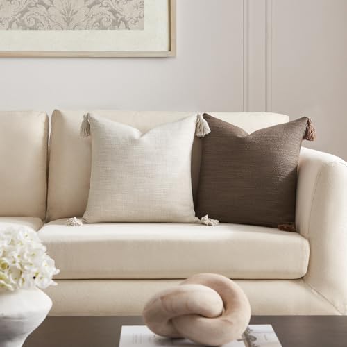 Meekio Set of 2 Linen Beige Pillow Covers 18x18 with Tassels, Linen Look Decorative Throw Cushion Covers for Sofa Couch, F...
