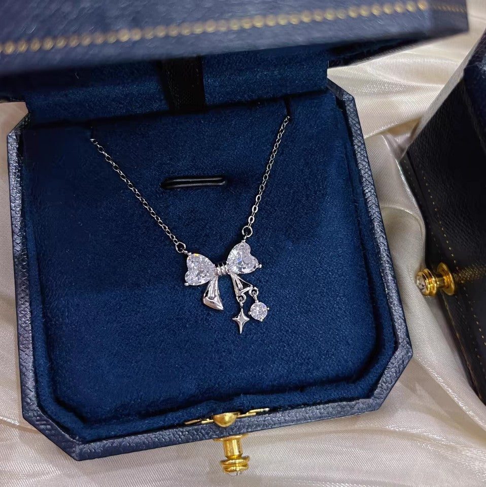 1pc 999 Sterling Silver Diamond-Encrusted Heart Bow Tassel Necklace, Sweet Minimalist Style, Perfect For Daily Wear & Valentine's Gifts
